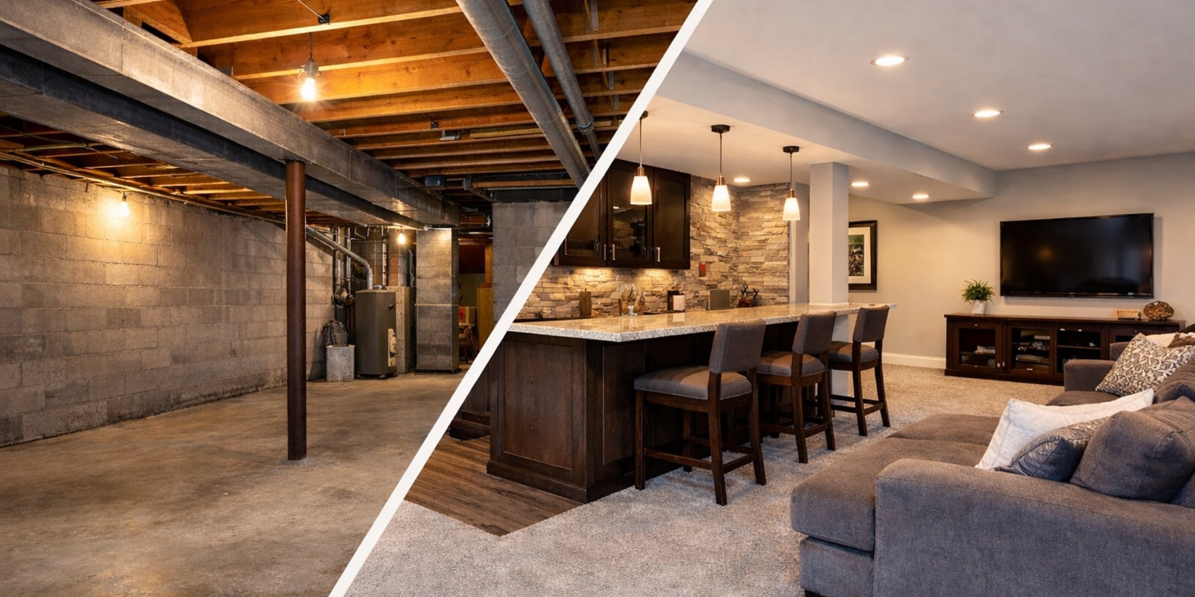 Before and after basement finishing example for Madison area home showing transformation from unfinished to finished space